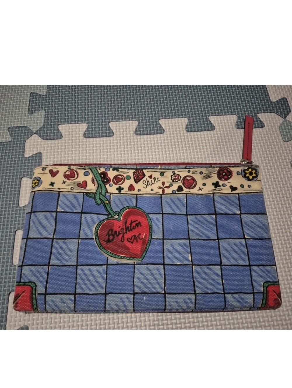 Brighton Blue Checkered Pouch with Red Heart Accent